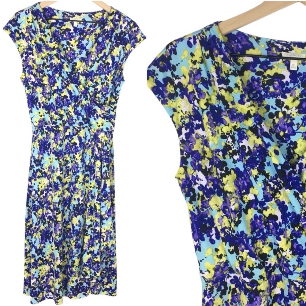 TALBOTS Dress Floral Garden Party Faux Wrap Surplice Stretchy Petite Medium MP